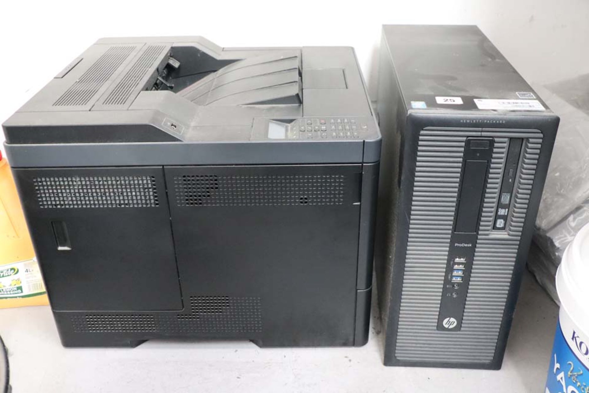 HP Pro Desk computer tower and a Dell LaserJet printer, both suitable for parts only