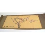 An early/mid 20th century Japanese scroll painted with cherry blossom in full bloom, image 68 x 28.