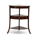A Georgian mahogany and strung bow-fronted corner washstand on splayed legs, h.