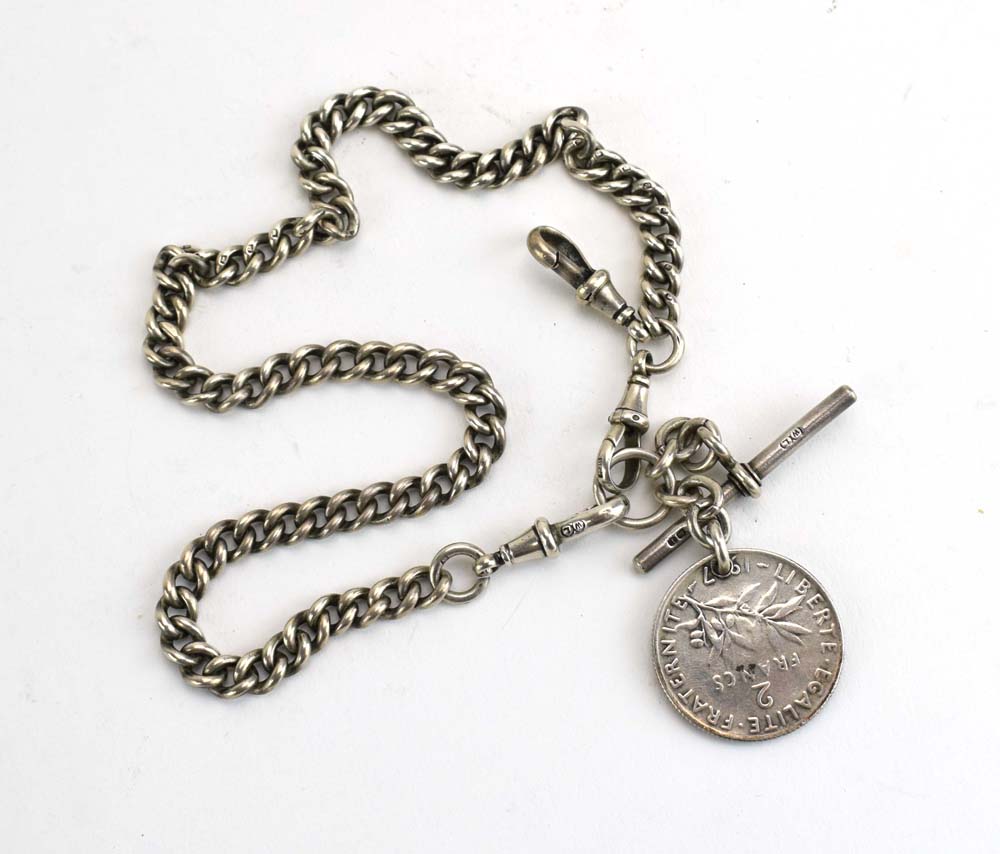 A silver curblink watch chain suspending a 2 franc piece, 1. - Image 2 of 2