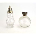 A silver mounted etched glass dressing table bottle of spherical form, Boots Pure Drug Company,