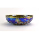 A Maling lusterware fruit bowl, gilt decorated with kingfishers within a blue ground, d.