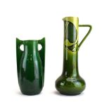 An Ault-style two handled vase of Art Deco design, decorated in a plain green glaze, h.