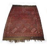 An Afghan Maimana kilim, the red ground with black and blue geometric patterns,