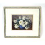 Marion Broom (fl. 1920), 'Blue vase of white roses', signed, watercolour, 26.5 x 36.