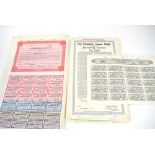 A group of stock coupons for Sena Sugar Estates Ltd. and Fleschner Becker Fund N.V.