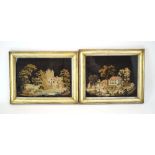 A pair of 19th century needlework pictures depicting homesteads, with dark grounds,
