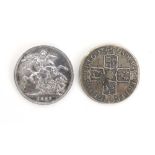 A Queen Anne 1708 silver crown together with a Victorian 1887 silver crown CONDITION