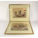 A pair of Japanese woodblock prints, each depicting a merchant vessel, each image 26.