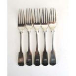 A set of five George IV Scottish silver fiddle pattern table forks, maker M&S, Glasgow 1822,