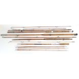 Four split cane fishing rods including a Craftsman 'The Curzon', 'Featherlite', 'Pearl' etc.