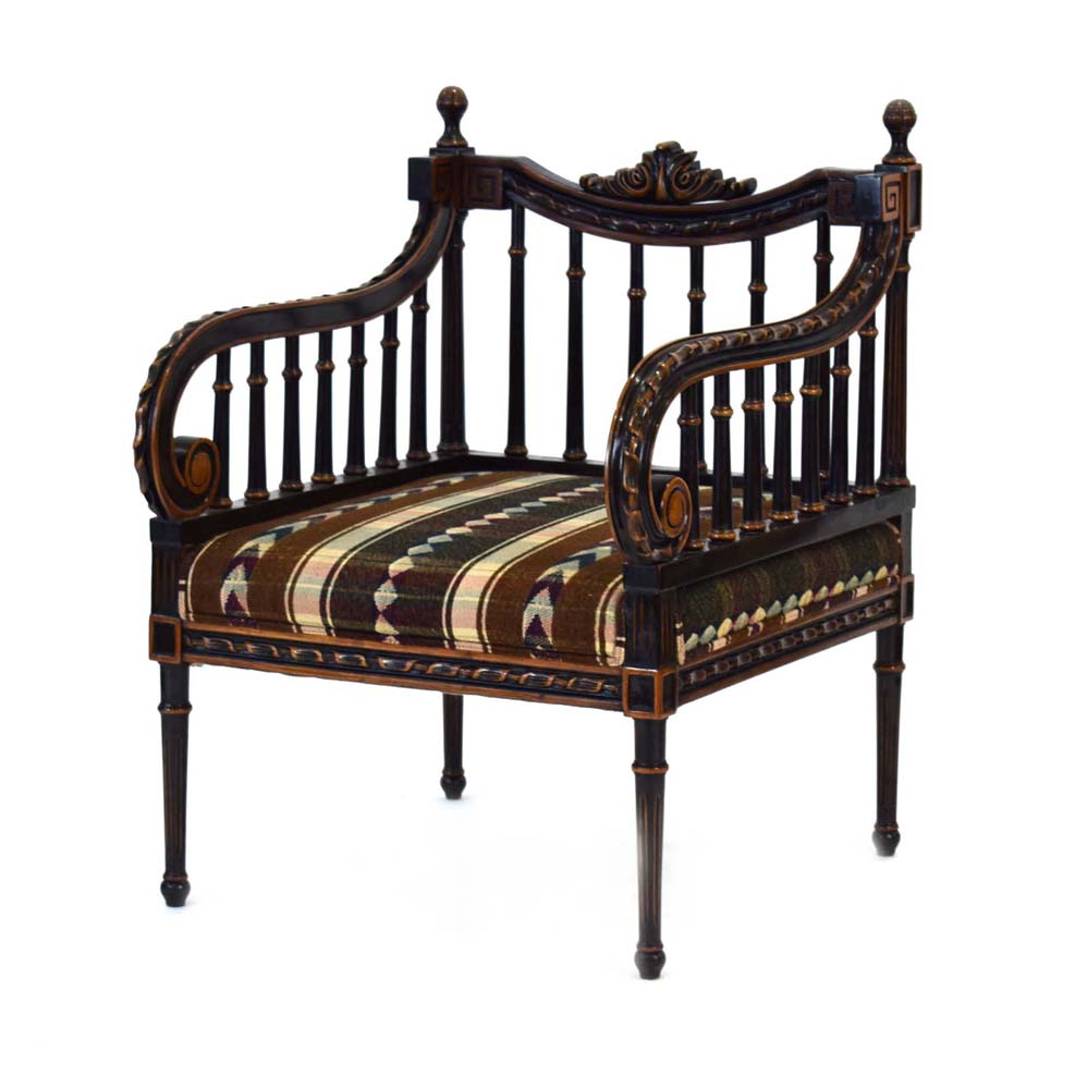 A Continental walnut and ebonised armchair with scrolled arms and spindle supports, - Image 2 of 3
