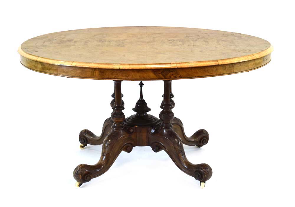 A Victorian walnut quarter-sawn and inlaid loo table,