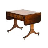 A late 19th century walnut and rosewood crossbanded sofa table with two frieze drawers on splayed