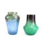 A Monart mottled green/black glass vase of mallet form, h.