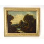 English School, 19th century, Figures by a stream, unsigned, oil on canvas laid onto board,