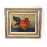 (?)..Mann, Still life, vase of red flowers, indistinctly signed, oil on canvas, 29.5 x 39.