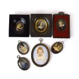A group of seven 19th century and later watercolour miniature head and shoulder portraits of