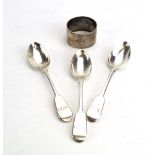 A set of three Victorian silver fiddle pattern teaspoons, maker JS, Exeter 1853,