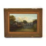 English School, late 19th/early 20th century, A study of river bridge, a church in the distance,
