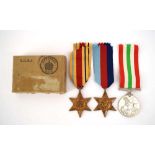 A trio of Second World War medals including The Italy Star, The 1939-1945 Star and Defence Medal,