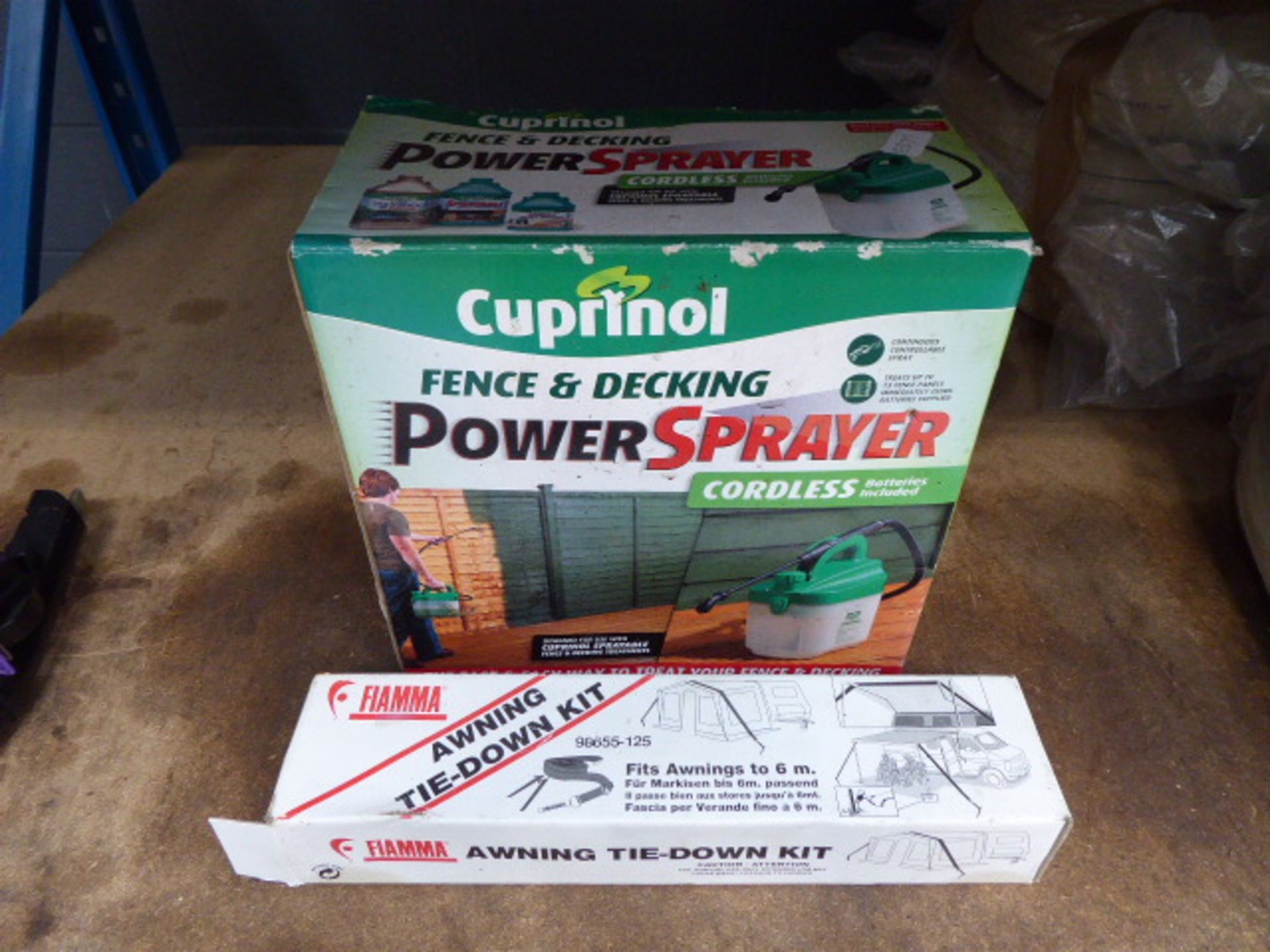 WD - 4084 Cuprinol power sprayer and a caravan tie down awning kit