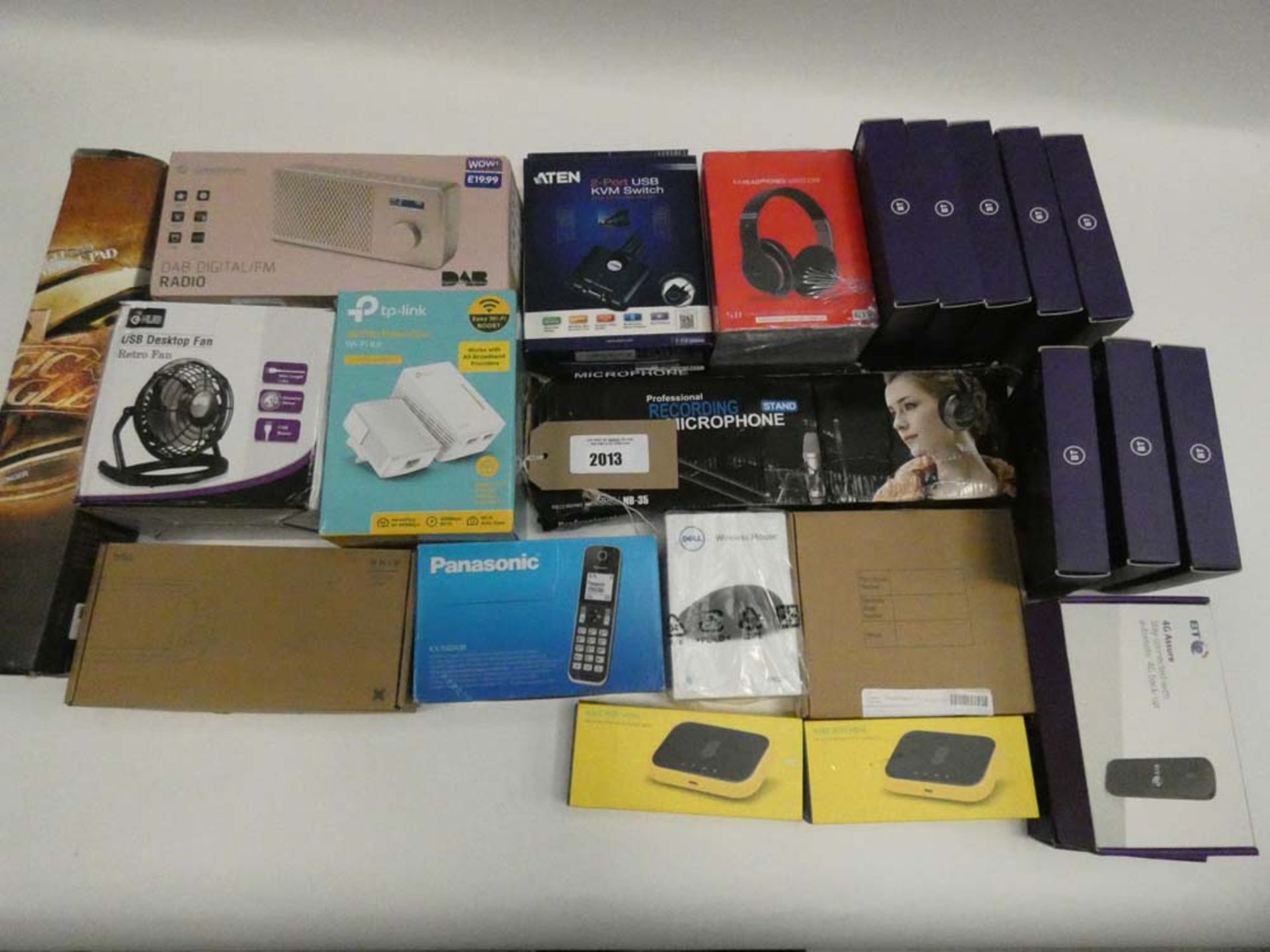 Bag containing BT 4G Assures, DAB digital radio, TP-Link, USB Desktop fan, Panasonic home phone,