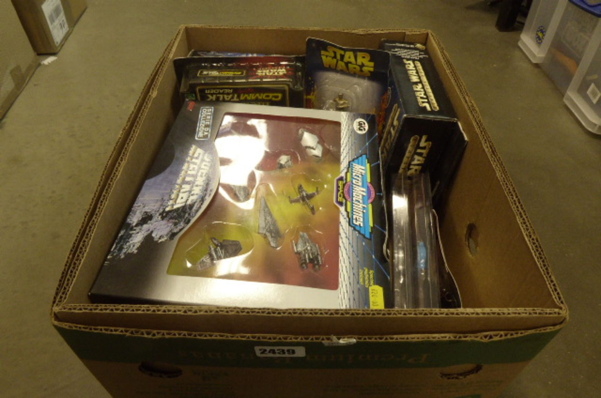 Box of various Star Wars toys to include Micro Machine Star Wars set