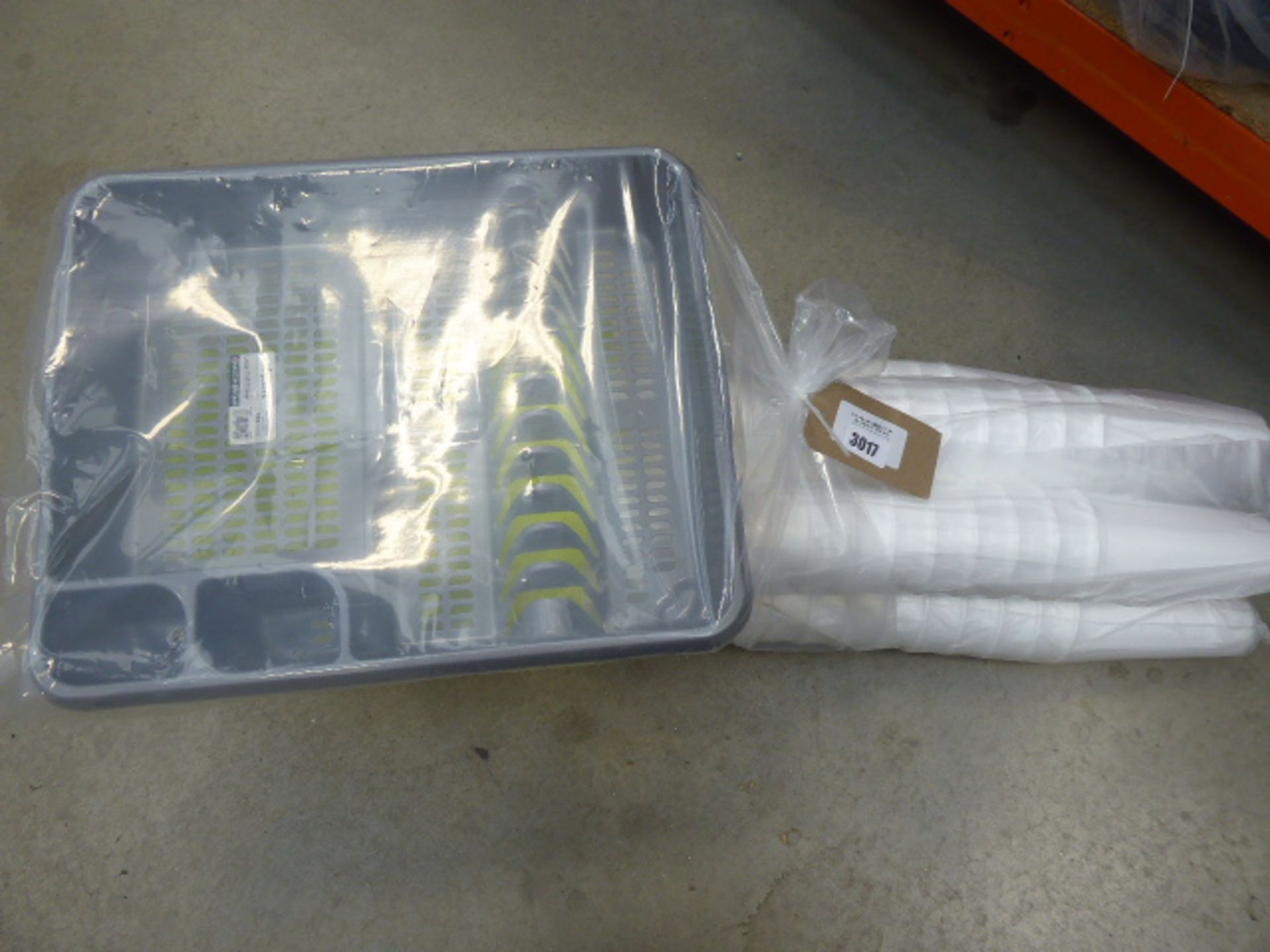 3687 Wham draining board, Lime colour waste paper bin and large quantity of polystyrene coffee cups