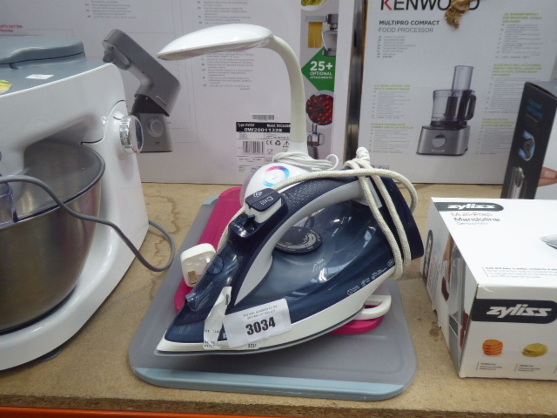 Steam iron, Ottlite desk lamp and 3 chopping boards
