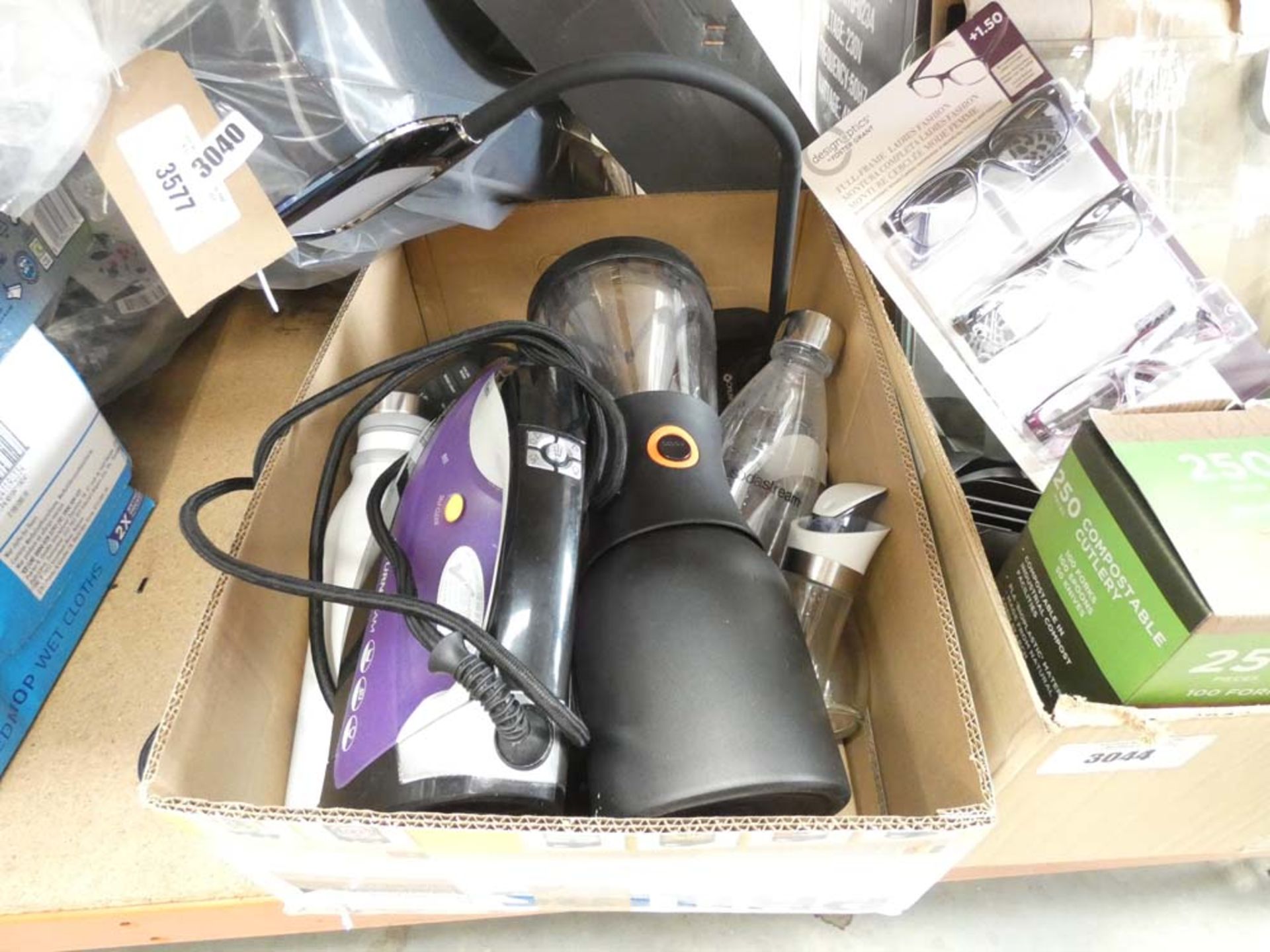 Box containing a large scented candle, cutlery, glasses, scales, plus another box of mixed kitchen - Image 3 of 3