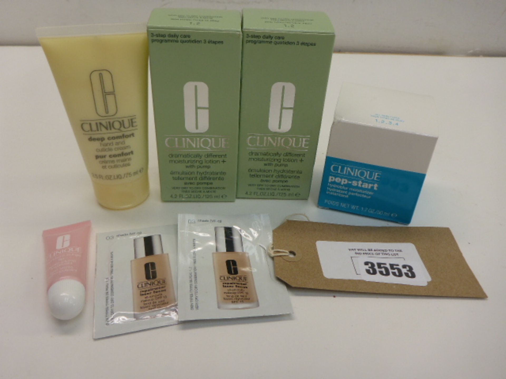 Selection of Clinique beauty products including Pep-Start, moisturizing lotion, moisture surge etc