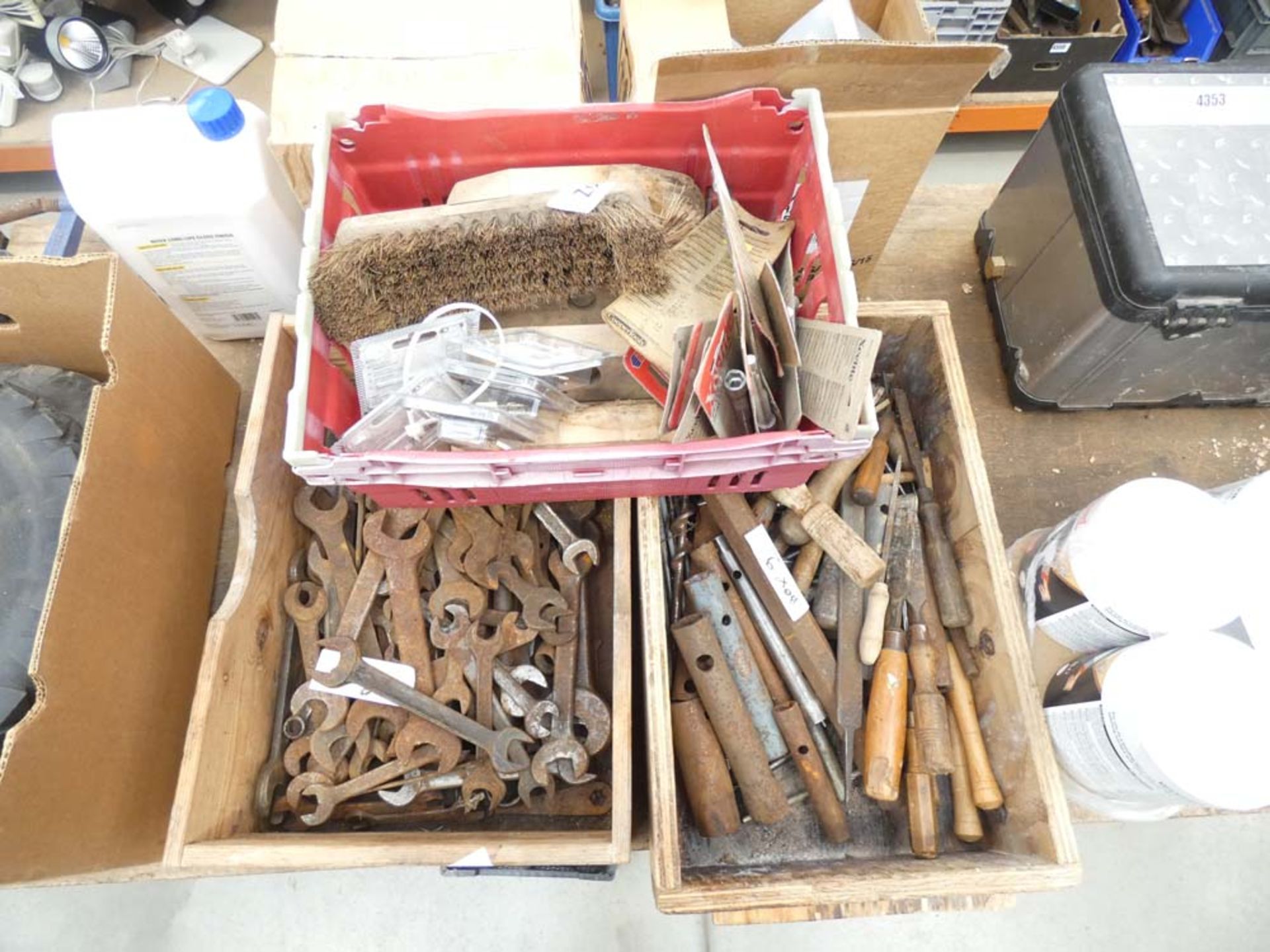 2 wooden boxes and a plastic box containing spanners, brushes, files, locks etc - Image 2 of 2