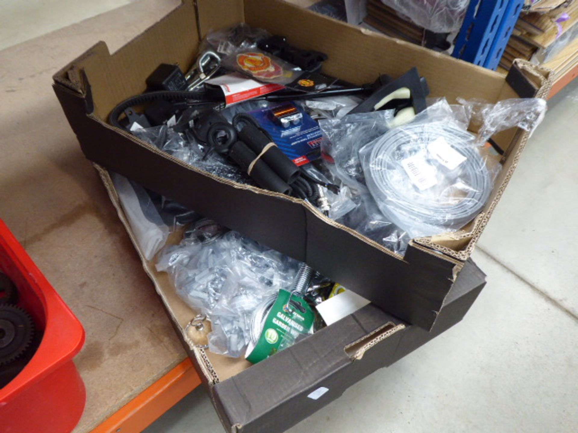 2 boxes of assorted items incl. cable, clips, air fresheners, string, galvanised wire etc.