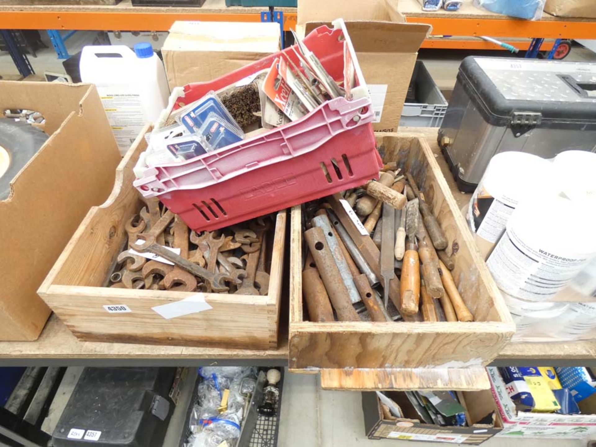 2 wooden boxes and a plastic box containing spanners, brushes, files, locks etc