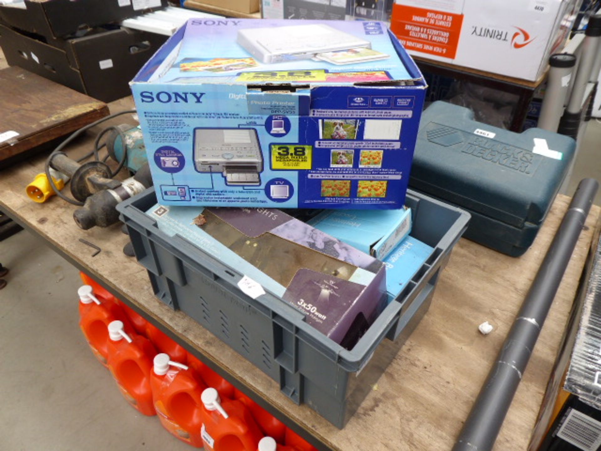 4443 Sony digital photo printer and box of lights