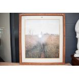 Large framed and glazed print of a female walking through a barley field