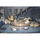 Cage of plated ware to include trays, cutlery, candelabra etc