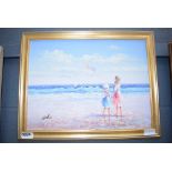 Oil on board of 2 girls at the seaside with balloons