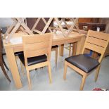 Modern oak effect dining table together with 4 brown faux leather seated chairs