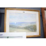 Framed and glazed watercolour of hills and lake scene