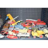 Cage containing play warn diecast toys to include a combine, fire engine etc