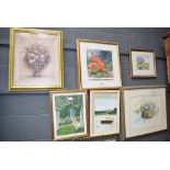 Collection of 8 various watercolours and prints depicting flowers, country scenes, boats, etc