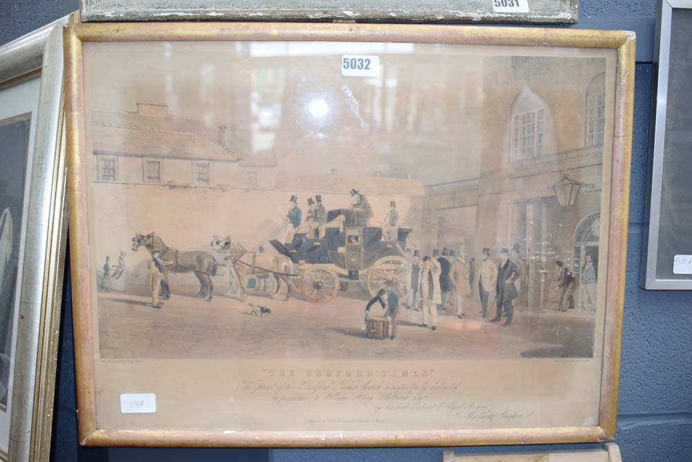 Framed and glazed print of The Bedford Times depicting coach leaving The Swan Hotel