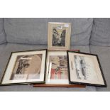 Lowry print, two etchings and an Elyah Walton watercolour