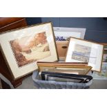 Box containing various framed and glazed prints, watercolours and oils plus a large abstract print