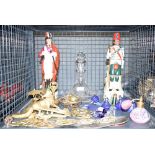 Cage of brassware, glass decanter and two military ceramic decanters