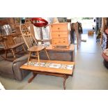 Part tile topped coffee table together with an Ercol style stickback chair and a pine 3 drawer