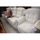 G Plan beige material covered 3 piece suite comprising of 2 reclining chairs and a 3 seater sofa
