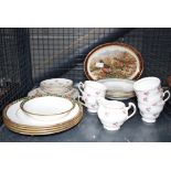 Cage containing small amount of china to include pheasant serving plate, rose decorated tea cups etc